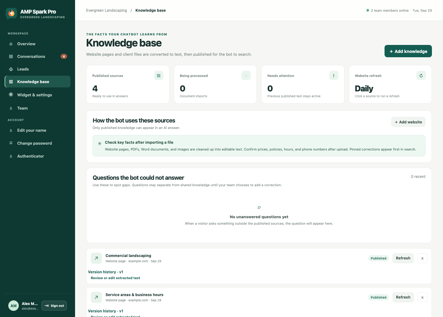 Actual AMP Spark Pro knowledge interface with sample data