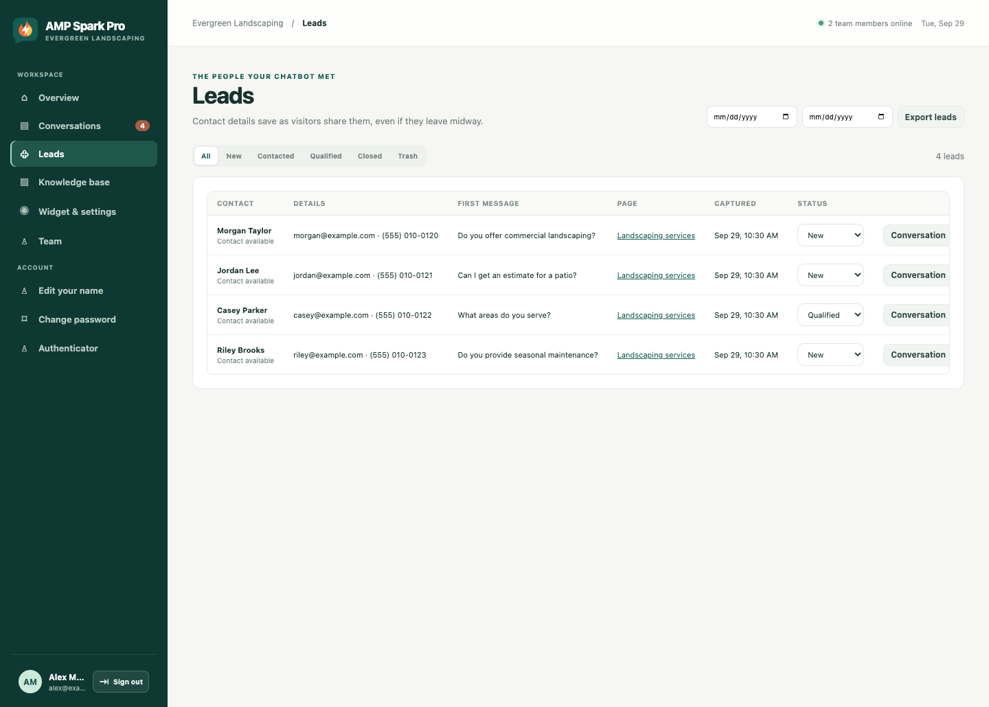 AMP Spark Pro lead list with sample names, emails, phone numbers, visitor questions, and lead statuses