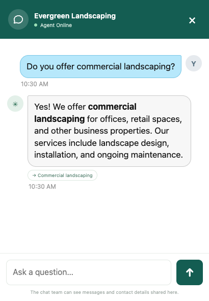 AMP Spark Pro sample chat answering a question about commercial landscaping and linking to an approved service page.